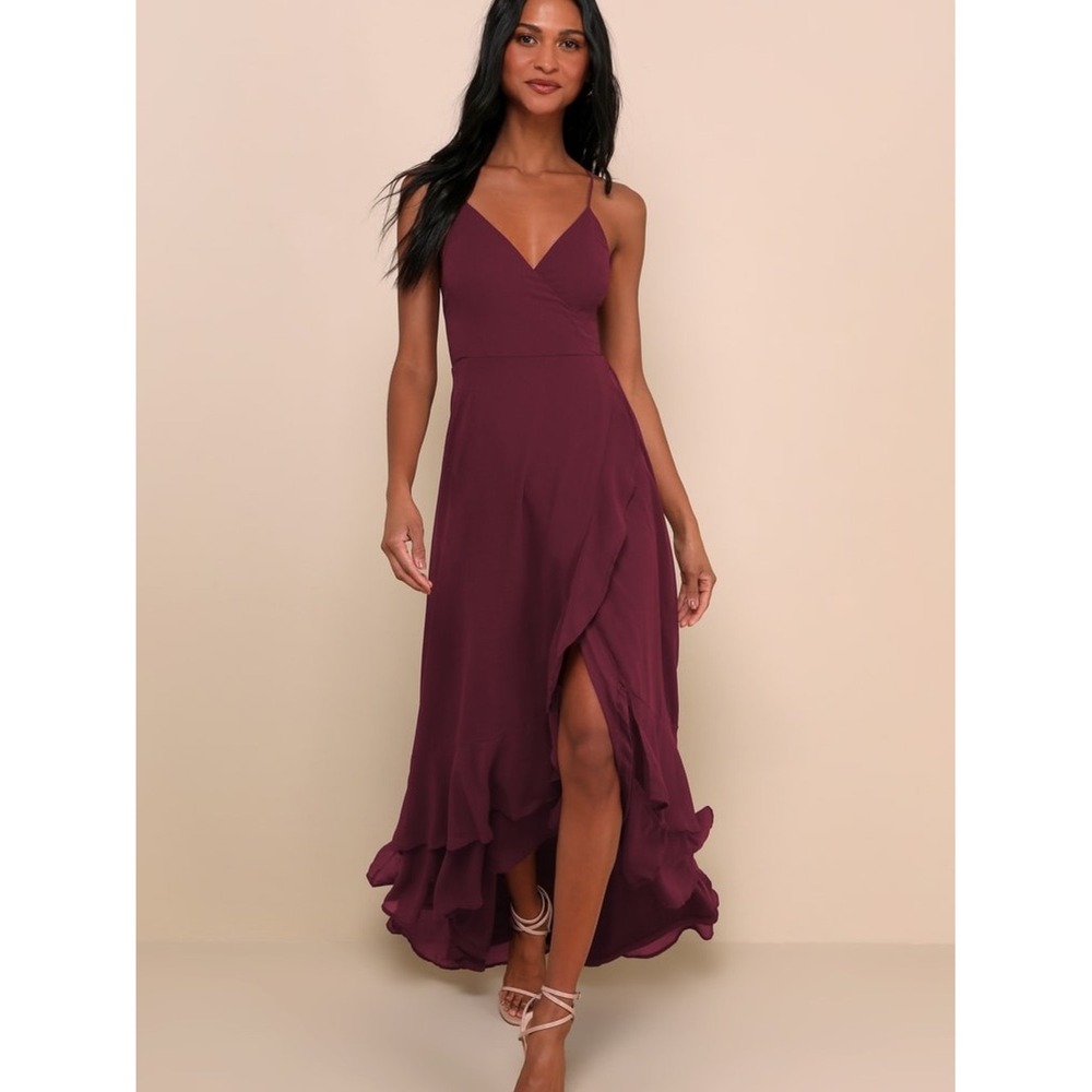 Lulus In Love Plum Ruffled High-Low Lace-Up High Low Maxi Dress Small Wedding